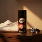 Insette Safari mens body spray on dark wooden shelf with golden hour light, white shirt and watch, aspirational lifestyle scene