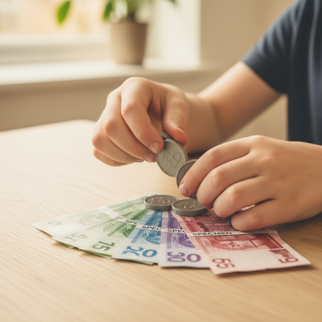 Child's hands counting and sorting Sterling Play Money coins and banknotes on a light wooden table