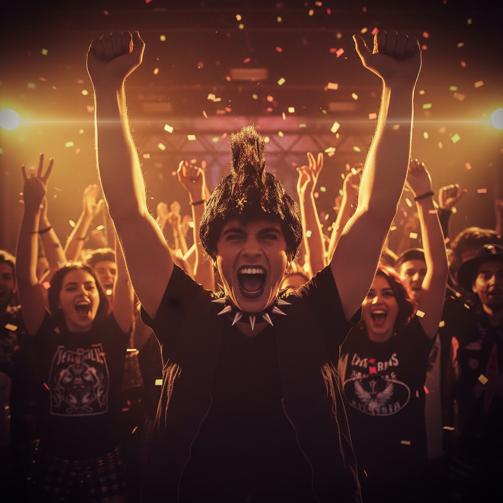 Person wearing black mohawk wig at fancy dress party, arms raised in celebration, punk rock attitude