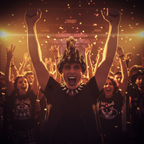 Person wearing black mohawk wig at fancy dress party, arms raised in celebration, punk rock attitude