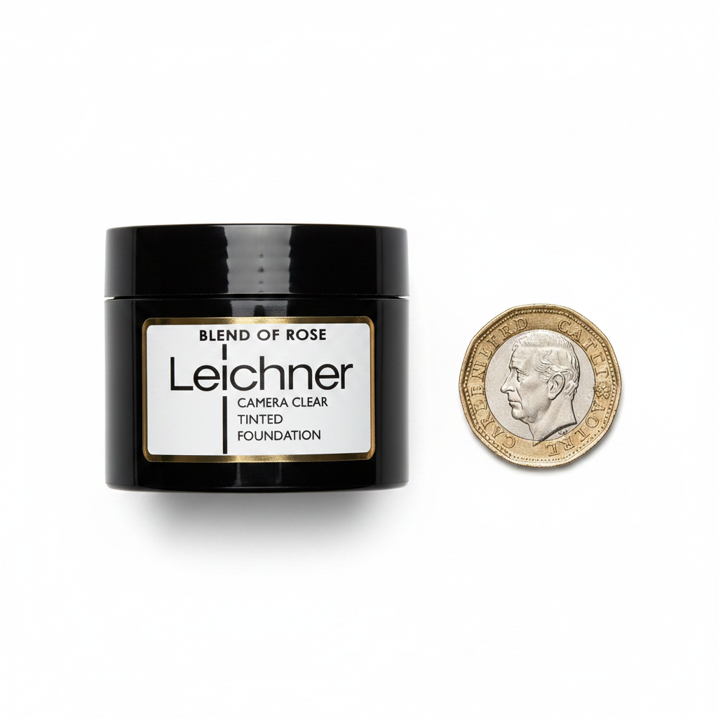 Leichner Camera Clear Tinted Foundation beside a £1 coin on white background to show product size