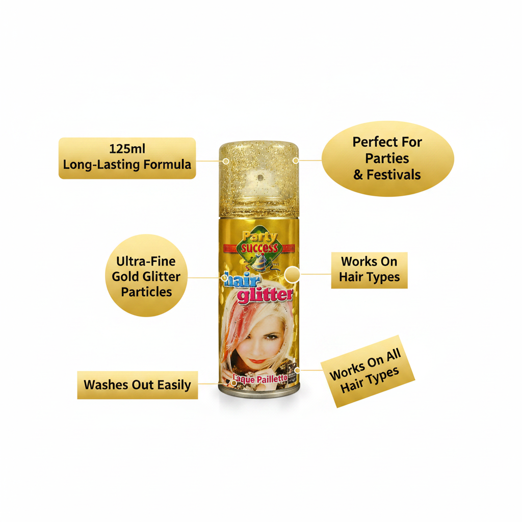 Party Success Gold Glitter Hair Spray 125ml feature infographic showing key benefits including ultra-fine gold glitter, 125ml formula, and easy wash-out