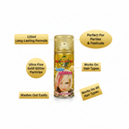 Party Success Gold Glitter Hair Spray 125ml feature infographic showing key benefits including ultra-fine gold glitter, 125ml formula, and easy wash-out