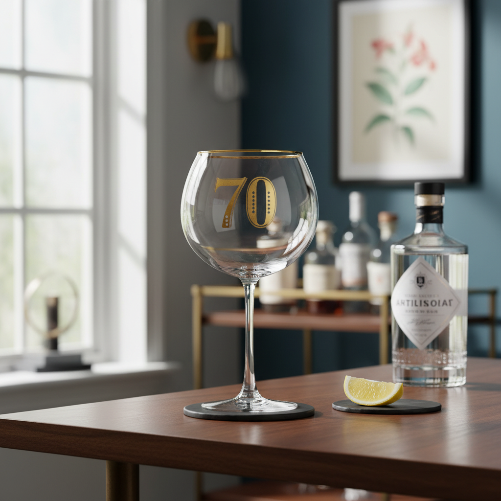 Art Deco 70th Birthday Gin Glass styled in a home bar setting with natural window light