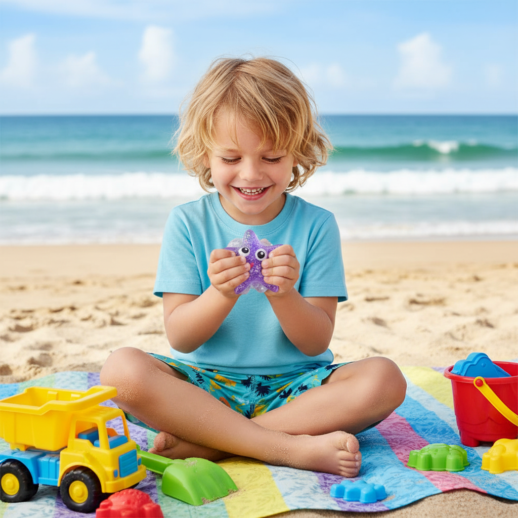 Young child squeezing sparkly starfish sensory toy on colourful beach mat