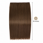 20 inch one piece straight clip-in hair extension Hazel Princess laid flat beside a £1 coin to show scale and length