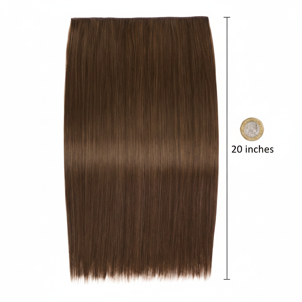 20 inch one piece straight clip-in hair extension Hazel Princess laid flat beside a £1 coin to show scale and length