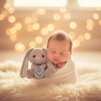 Newborn baby boy swaddled in white with Swizzels Love Heart plush bunny beside him in golden hour light