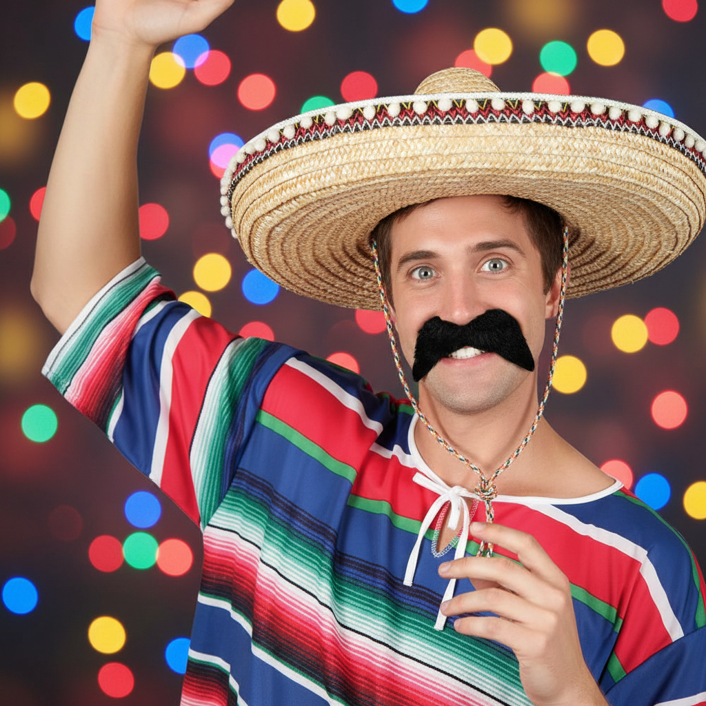 Close up portrait of man in Mexican bandit costume wearing black fake moustache at fancy dress party