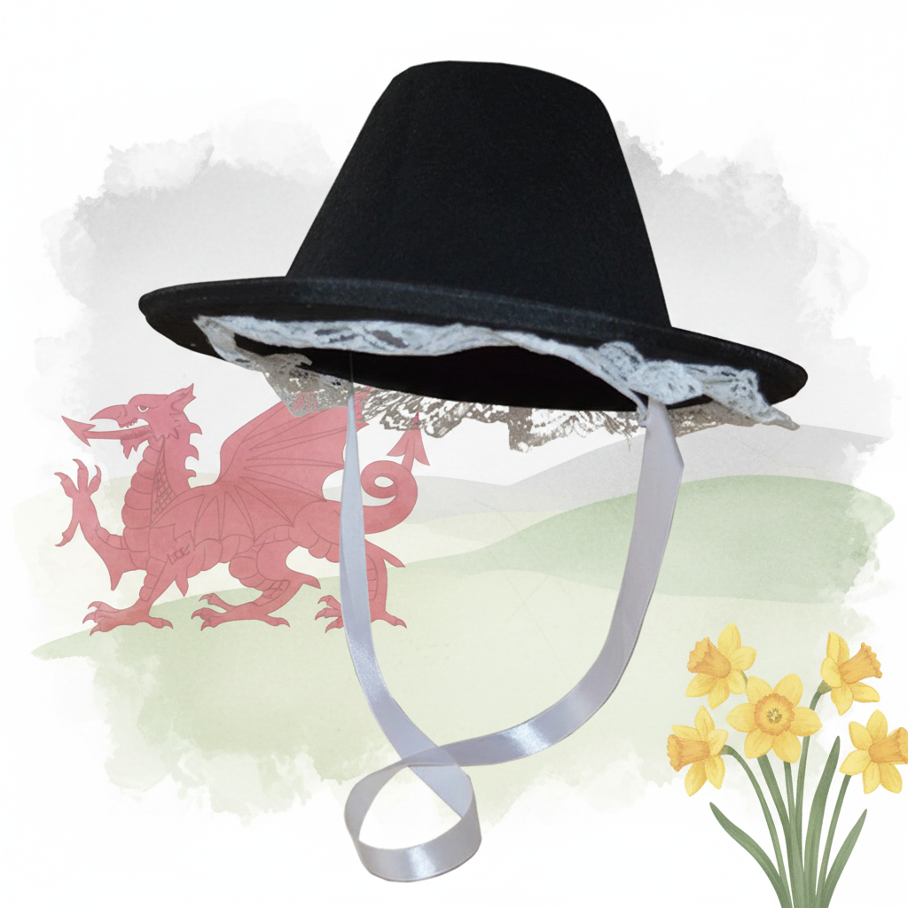 Girls Welsh Traditional Tall Hat Small with black felt and white lace trim