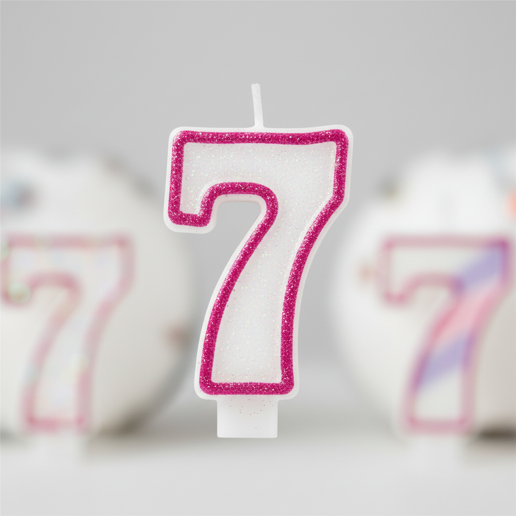 Extreme macro close-up of plain white number 7 birthday candle showing hot pink glitter border detail and pearlescent texture