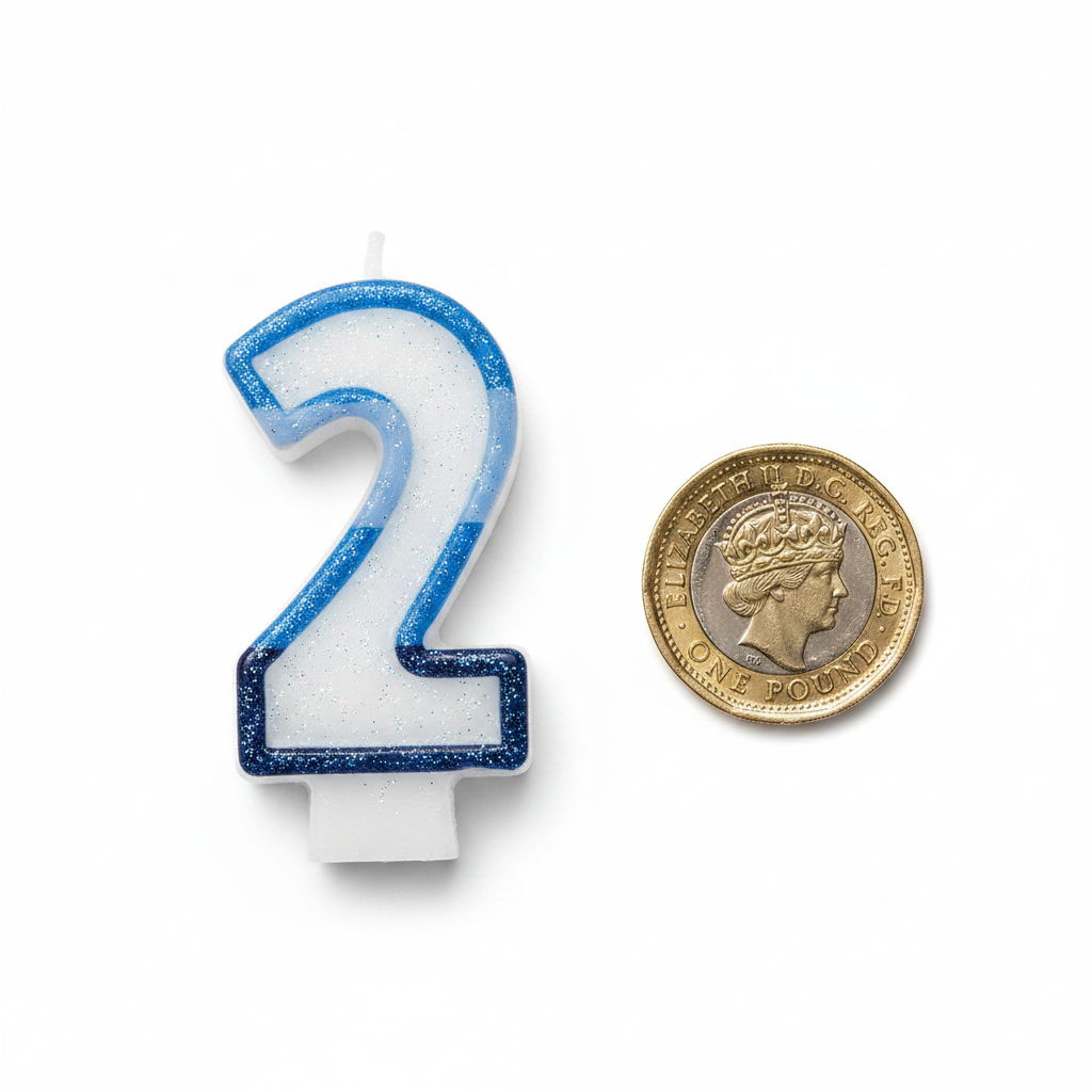 Blue Number 2 Birthday Candle flat lay beside a £1 coin on white background showing product size - Why Not Shop
