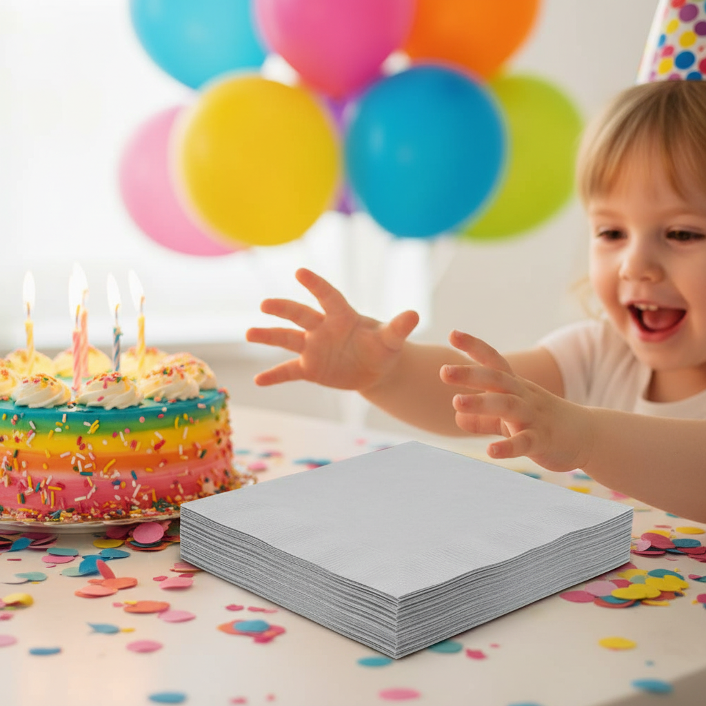 Silver luncheon napkins at a fun colourful birthday party with balloons and confetti