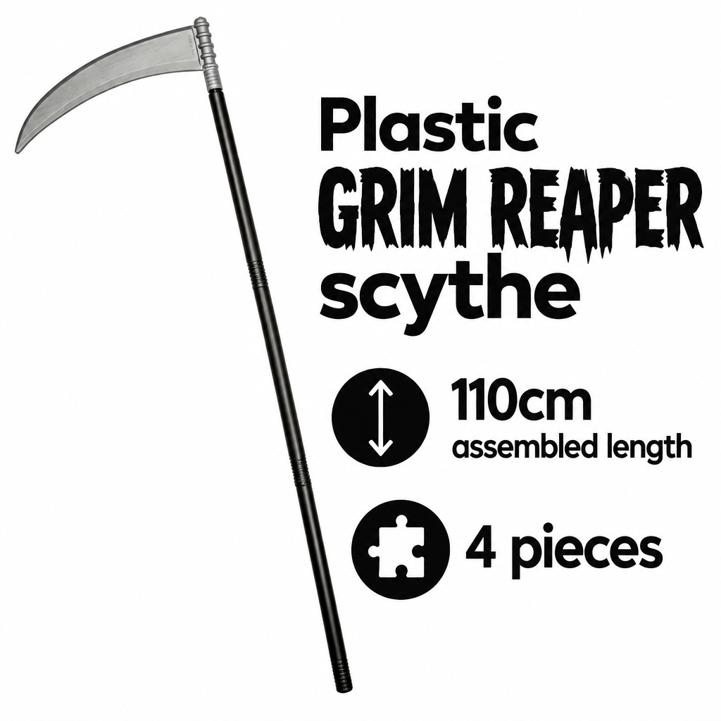 Plastic Grim Reaper scythe information graphic with 110cm length and four-piece details