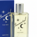 Extreme macro close-up of D&M Immortal For Men 100ml EDT clear glass bottle with silver chrome cap, showing glass clarity, pale golden liquid, crescent moon and star label motifs in sharp focus