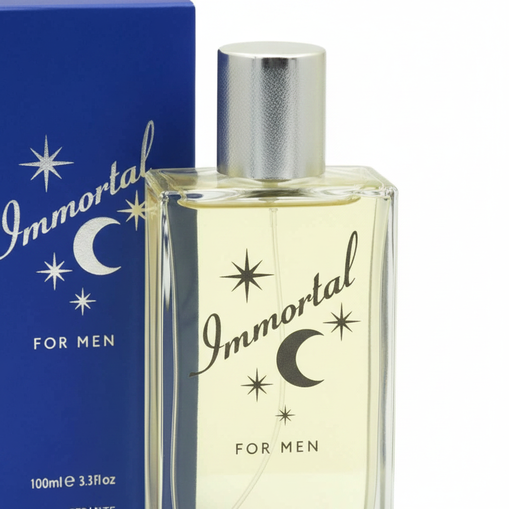 Extreme macro close-up of D&M Immortal For Men 100ml EDT clear glass bottle with silver chrome cap, showing glass clarity, pale golden liquid, crescent moon and star label motifs in sharp focus