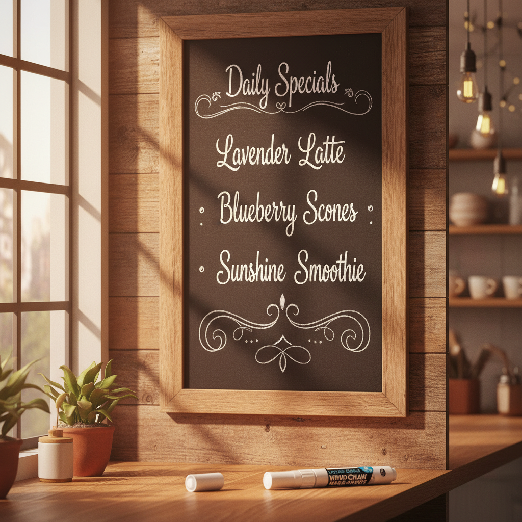 Liquid chalk white pen resting beside a beautifully handwritten chalkboard menu in a cosy kitchen, golden hour light