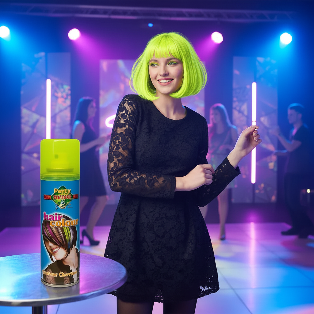 Person with glowing fluorescent yellow hair at neon rave party - Party Success UV reactive hair spray results