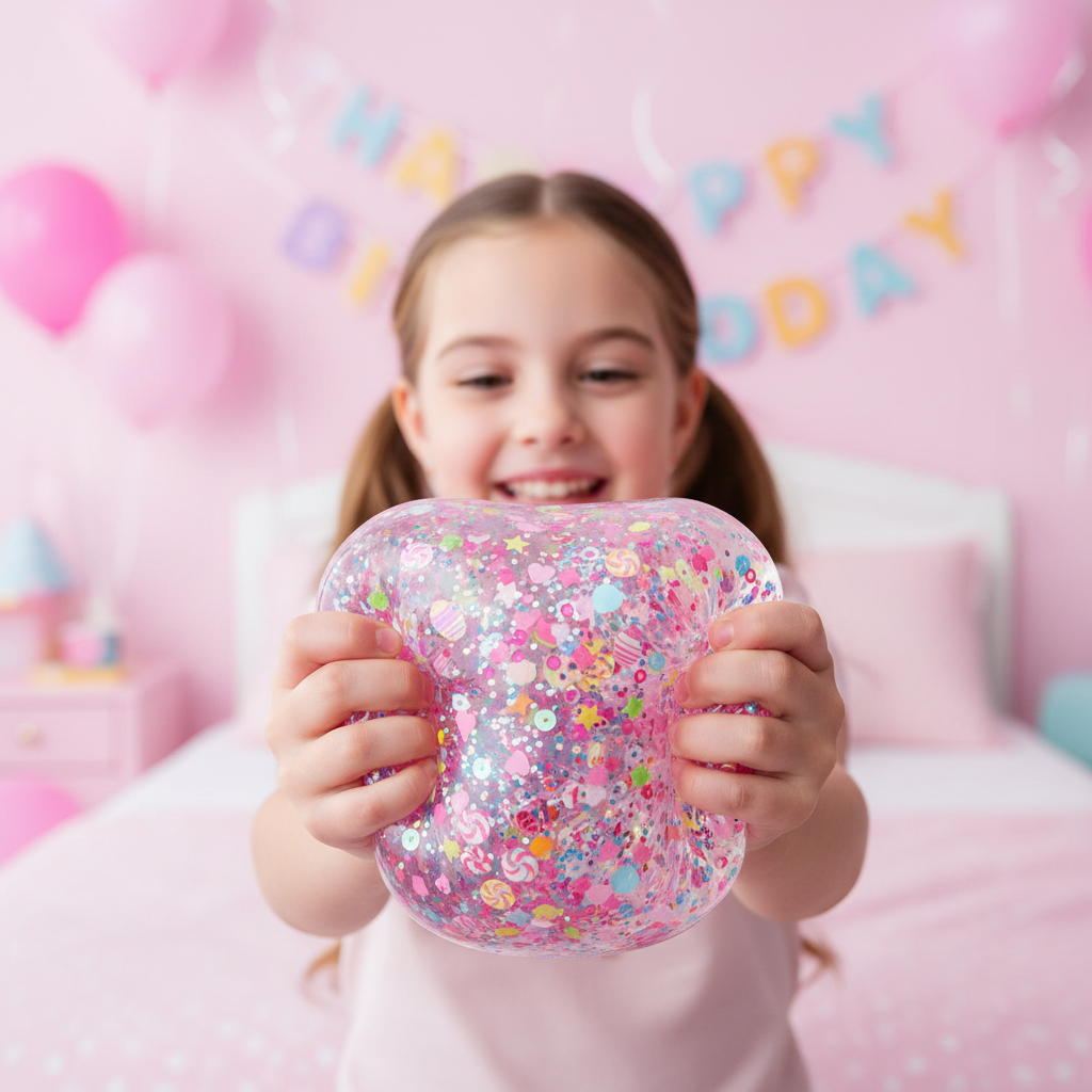 Young girl squeezing translucent Scrunchems Party confetti squish ball with delight in pastel bedroom