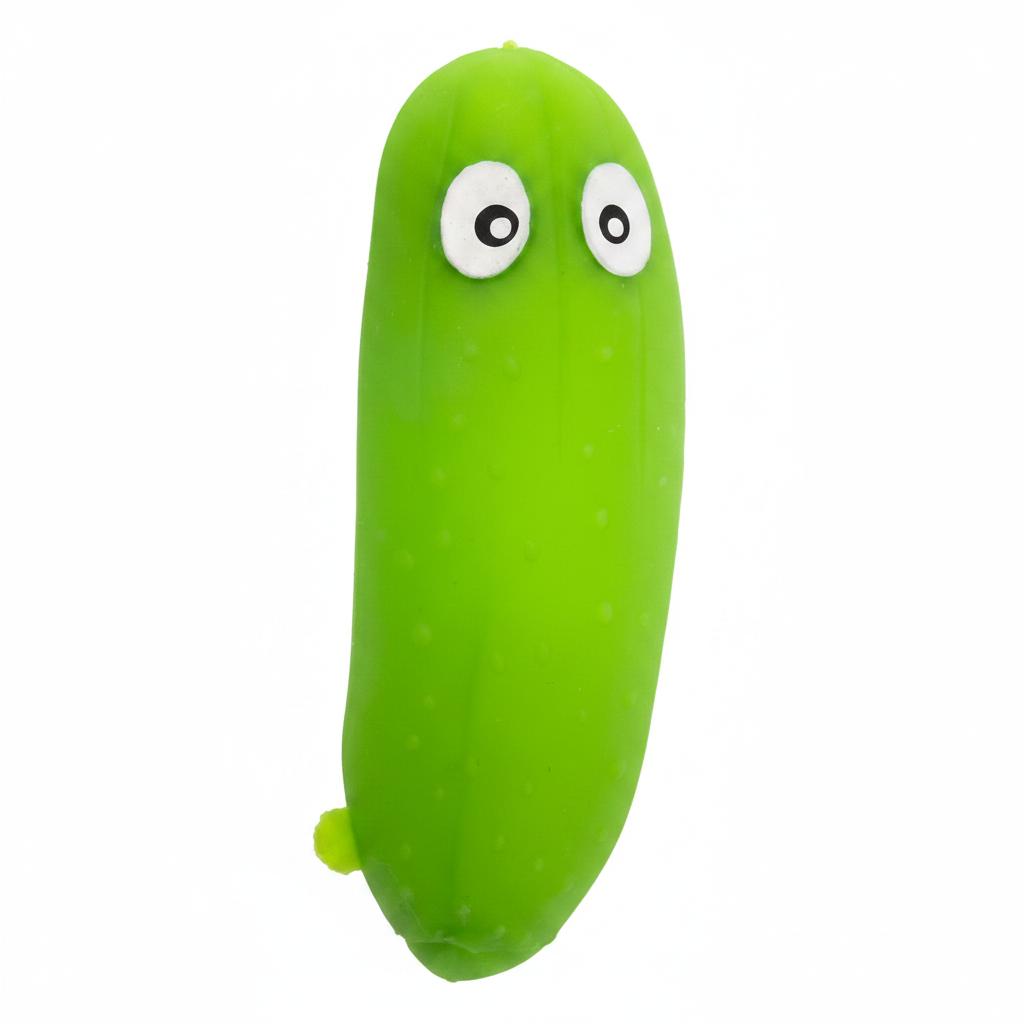 Stretchy Squishy Crazy Cucumber novelty squishy toy on white background - vivid lime green with googly eyes