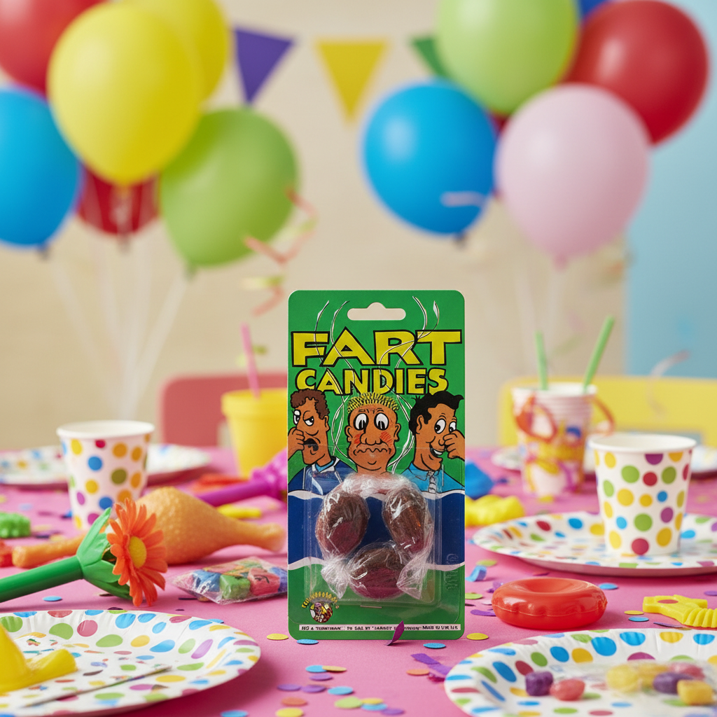 Funnyman Fart Candies prank packaging on kids birthday party table as novelty joke party bag filler