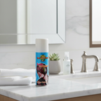 White temporary hair colour spray can on a bathroom vanity in soft natural light