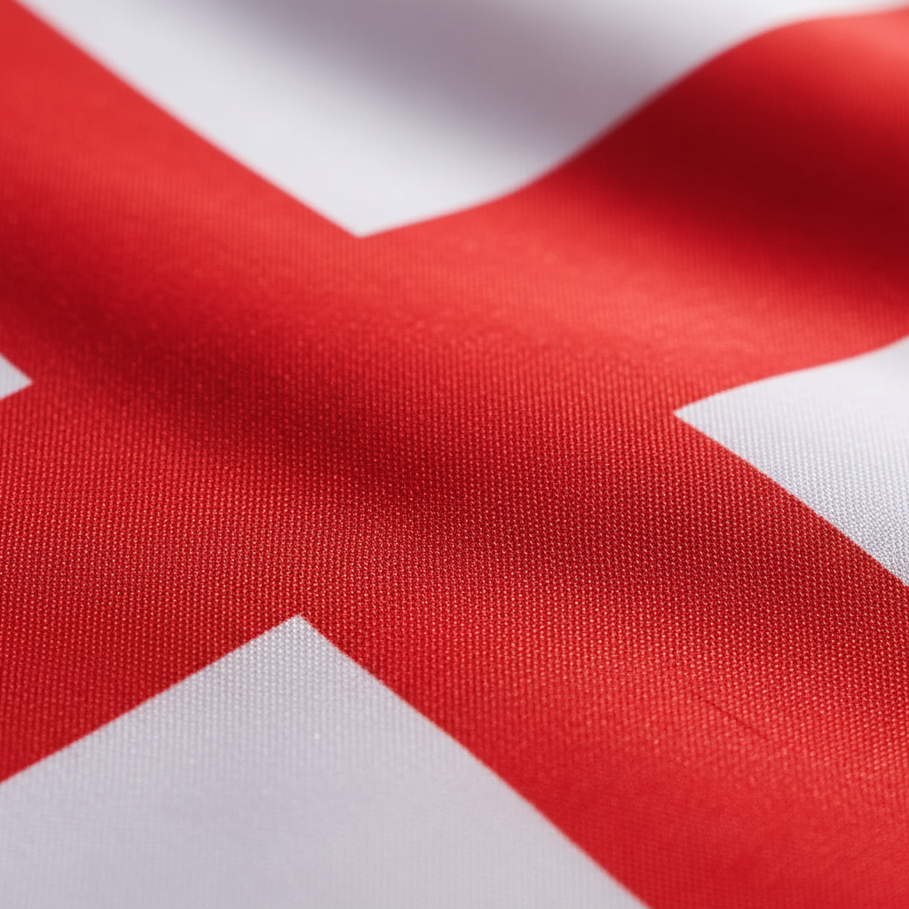Extreme macro close-up of England St George Cross flag polyester fabric texture and red cross edge detail