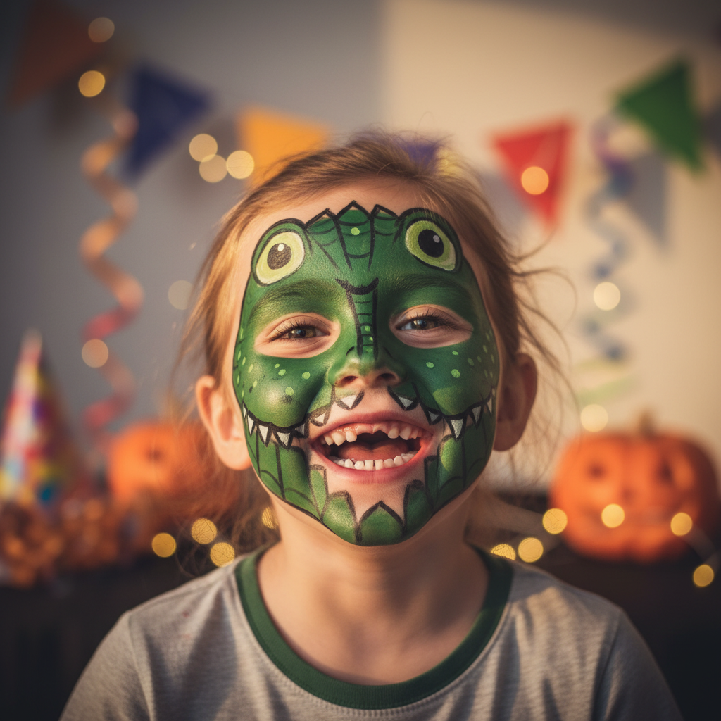 Child with dark green Snazaroo frog face paint design laughing at a Halloween party, warm golden hour light