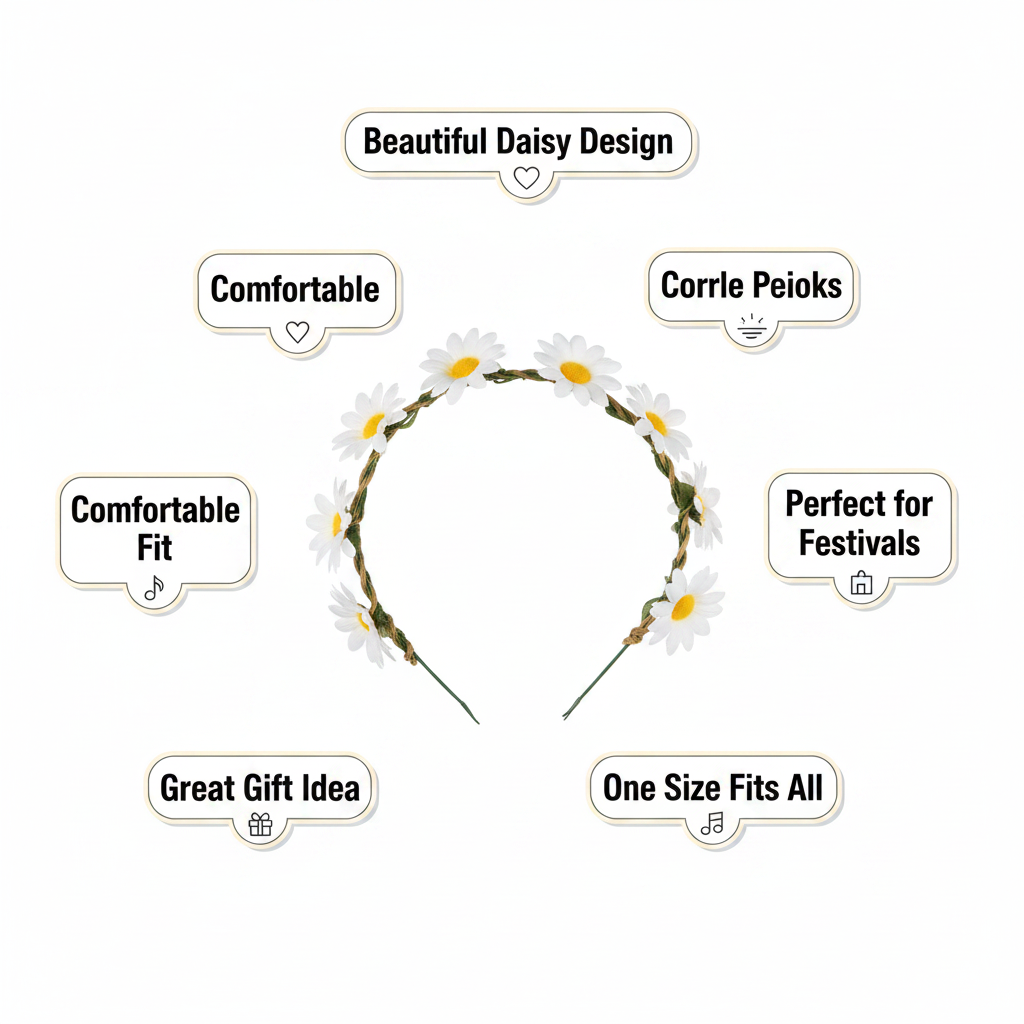 Good Quality Daisy Hairband feature infographic with 5 A+ callout labels on white background