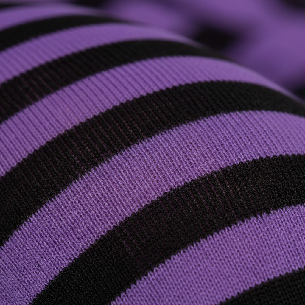 Extreme macro close-up of purple and black striped tights fabric showing knit texture and material quality