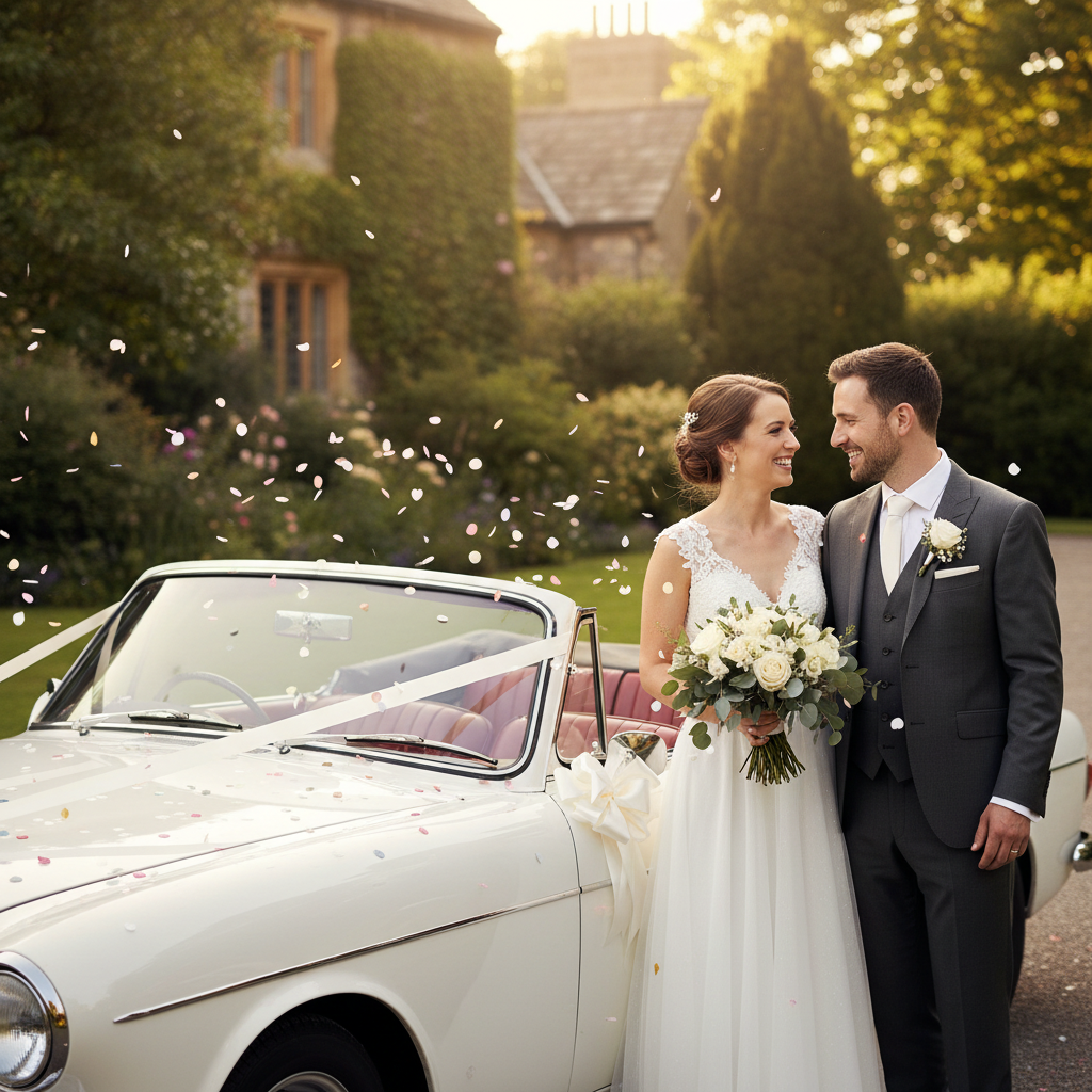 Bride and groom beside a white wedding car decorated with ivory ribbons and pull bows