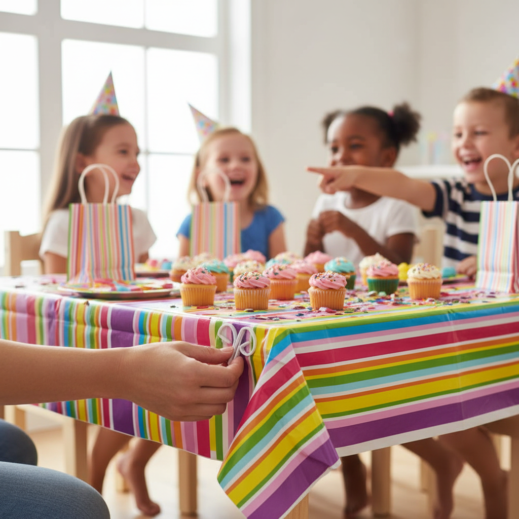 Parent attaching tablecover clips to a colourful tablecloth at a kids birthday party