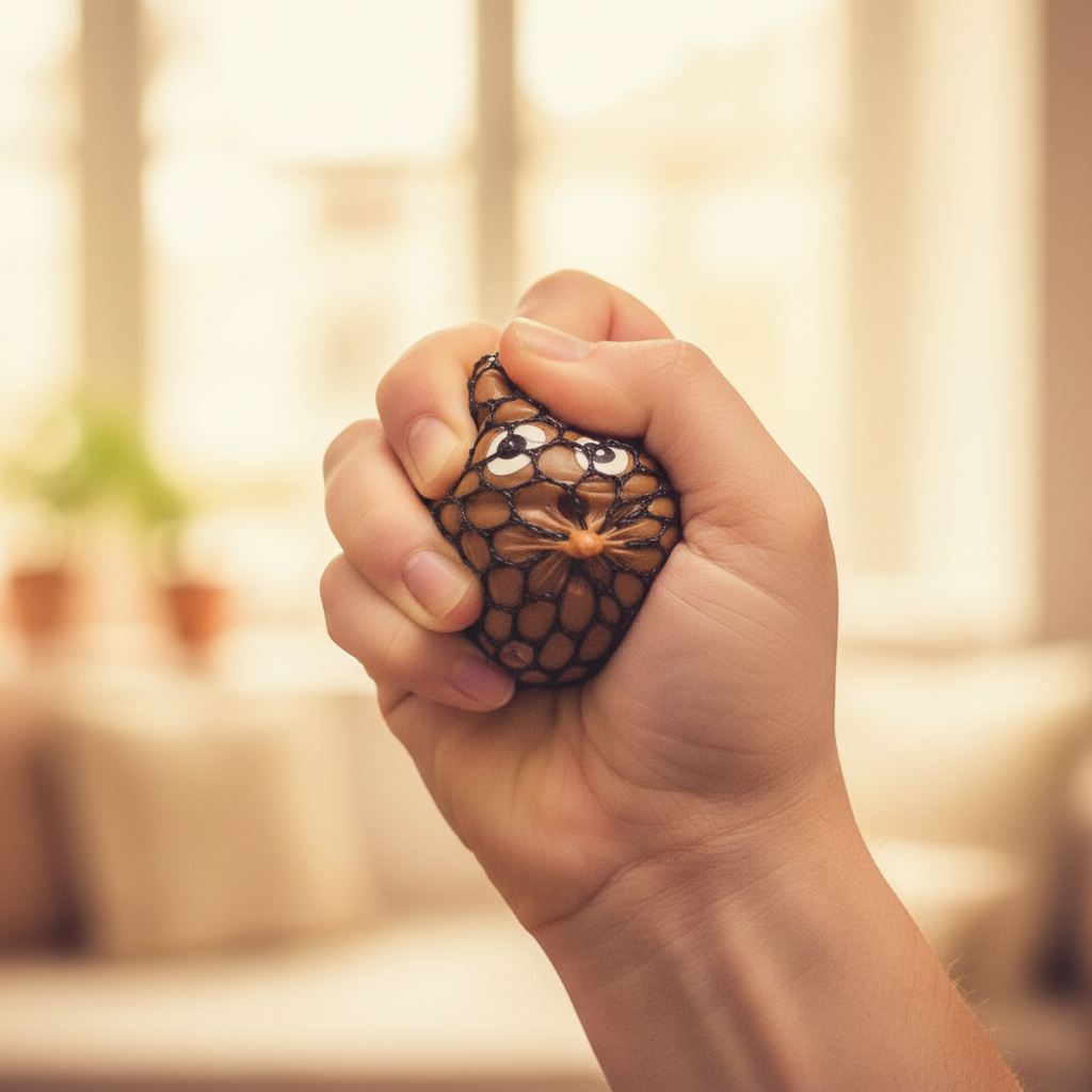 Hand squeezing the Squeezy Funny Face Poop 6.5cm brown mesh squishy stress ball toy showing satisfying squeeze action