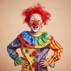 Child in complete clown fancy dress costume with vivid red sprayed hair and red sponge nose