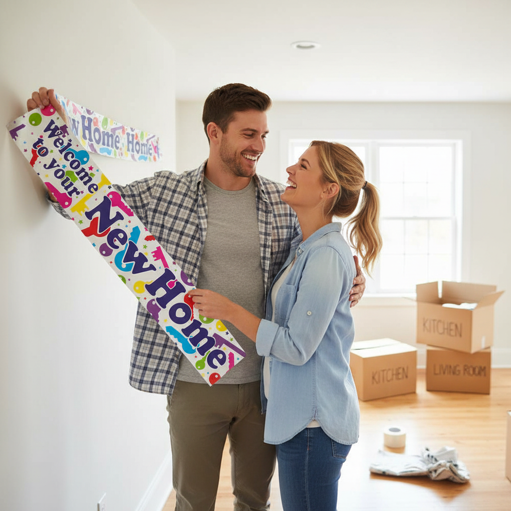 Happy couple hanging Welcome to Your New Home banner on moving day in their new house