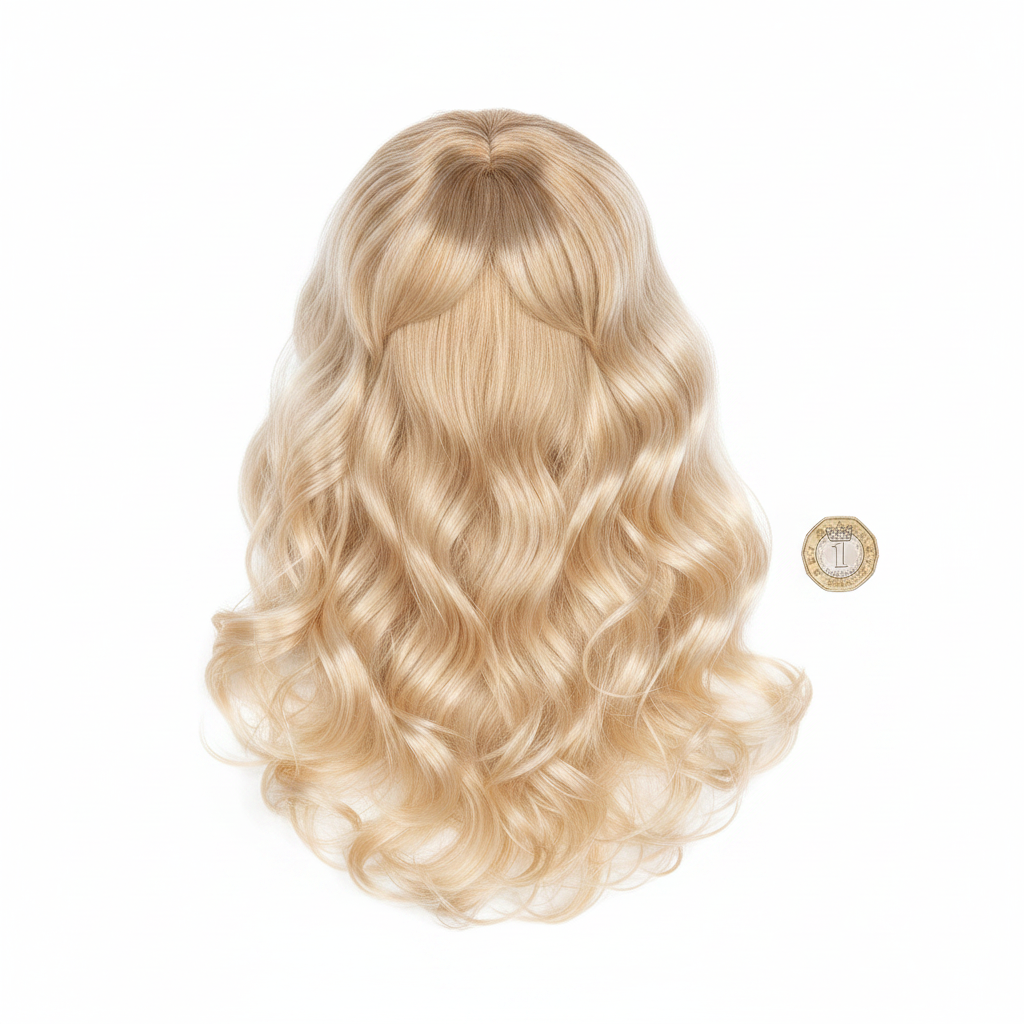 Lifeguard Pamela Babe long blonde wavy wig beside a £1 coin on white background showing product size
