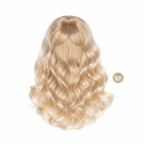 Lifeguard Pamela Babe long blonde wavy wig beside a £1 coin on white background showing product size