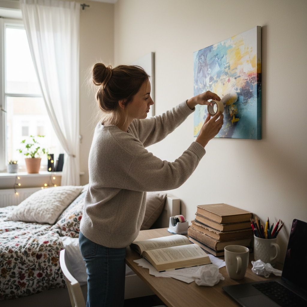 Student using clear adhesive tape to stick a poster to a wall in a bright student bedroom