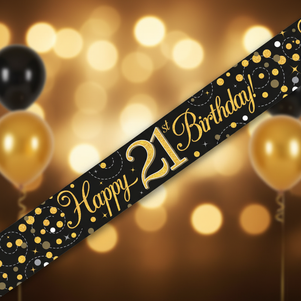 9ft Sparkling Fizz 21st Birthday Banner in black and gold holographic - premium party decoration