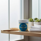 La Riche Directions Lagoon Blue hair dye 88ml styled on bathroom vanity shelf with natural window light, interior magazine quality