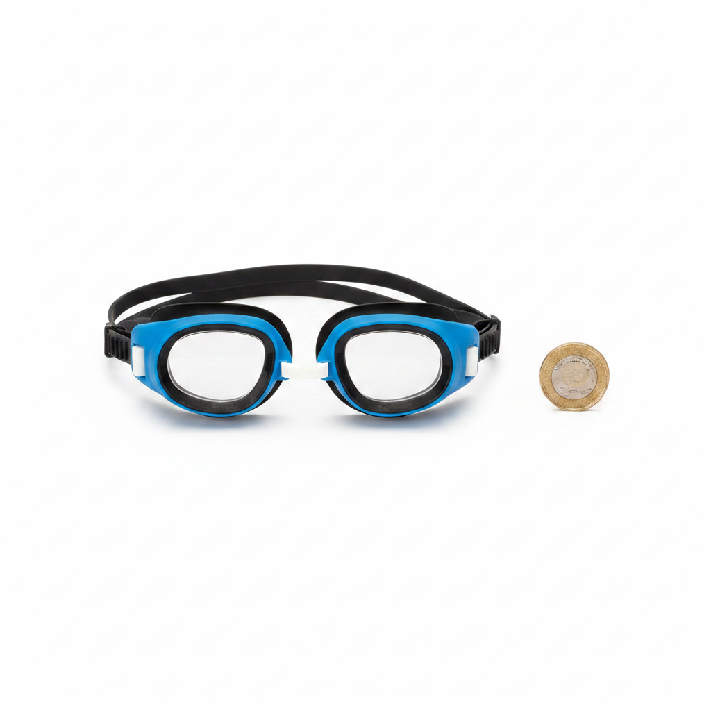 Osprey Kids Swimming Goggles flat lay beside a £1 coin showing product scale on white background