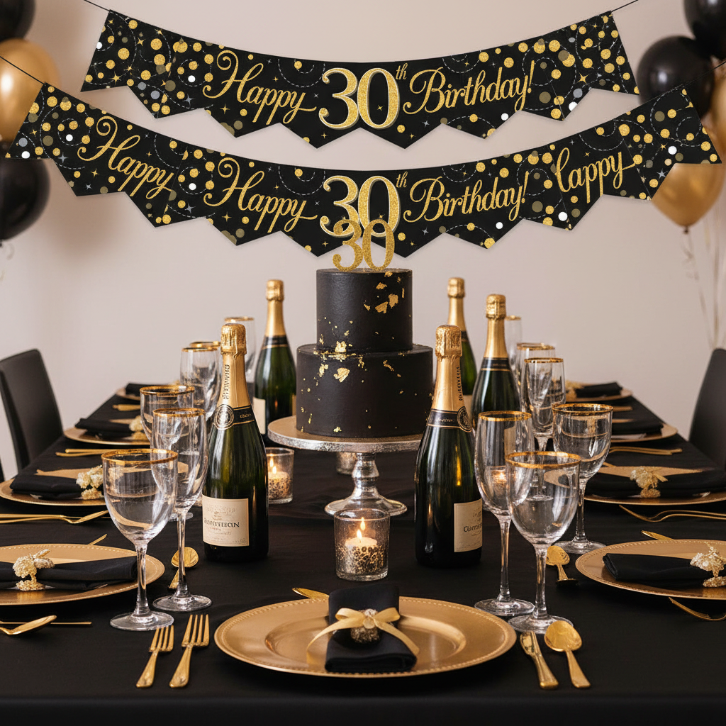 Elegant 30th birthday party table setup with Sparkling Fizz black and gold banner