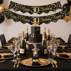 Elegant 30th birthday party table setup with Sparkling Fizz black and gold banner