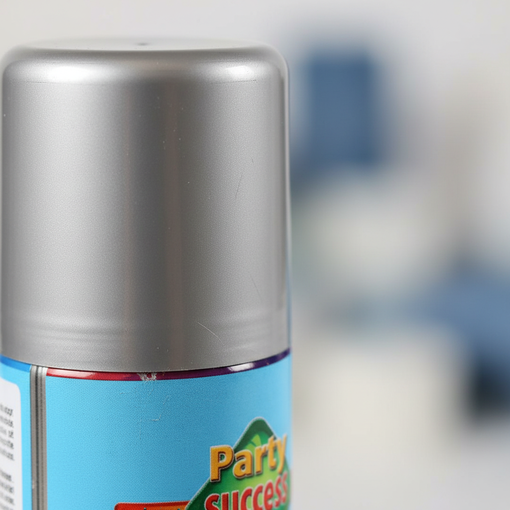Extreme macro close-up of silver hair colour spray nozzle and metallic cap showing fine surface detail and quality