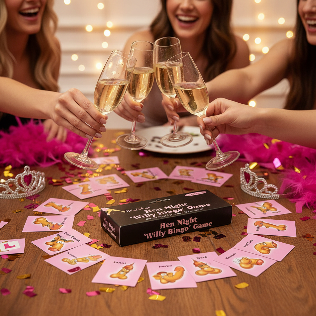 Hen Party Willy Bingo Game set up on a decorated party table with prosecco and confetti – Why Not Shop