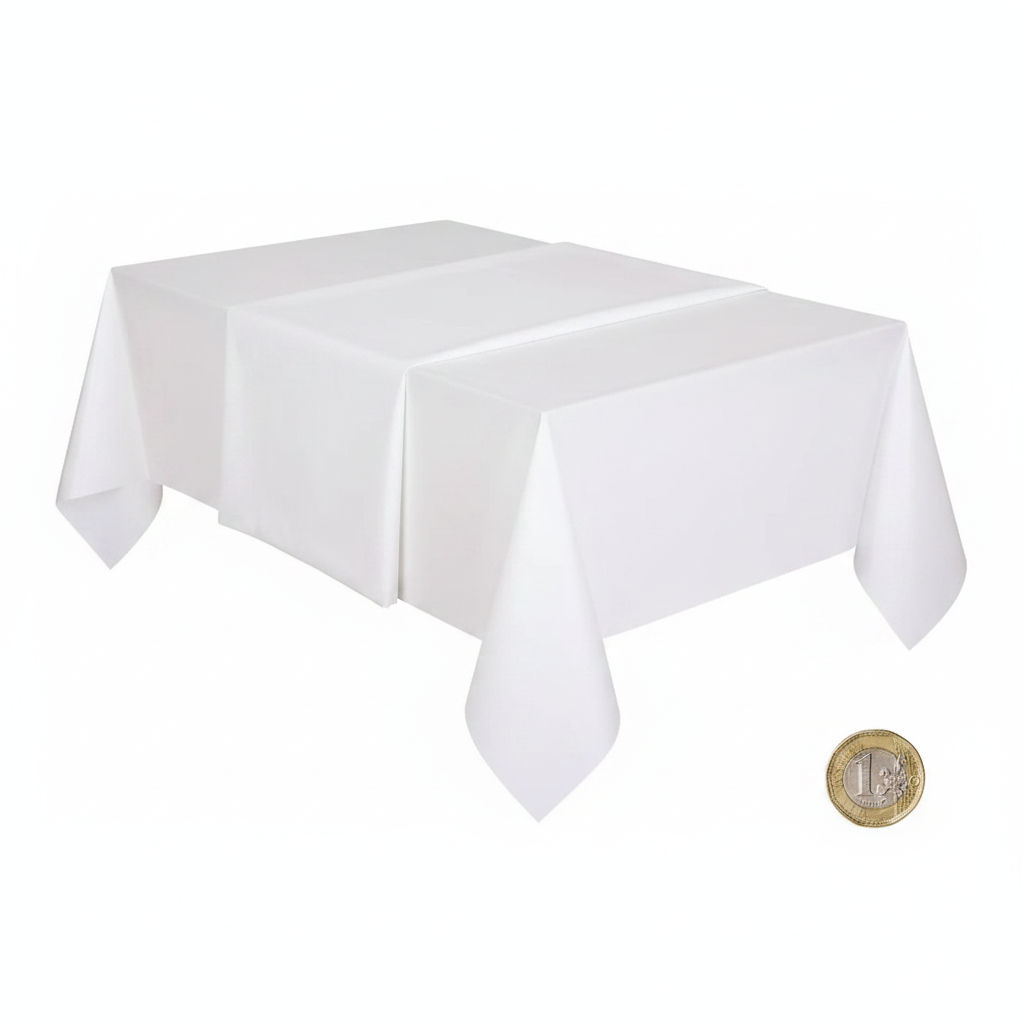 White plastic tablecloth flat lay beside a £1 coin on white background to show scale — 1.37M x 2.74M size