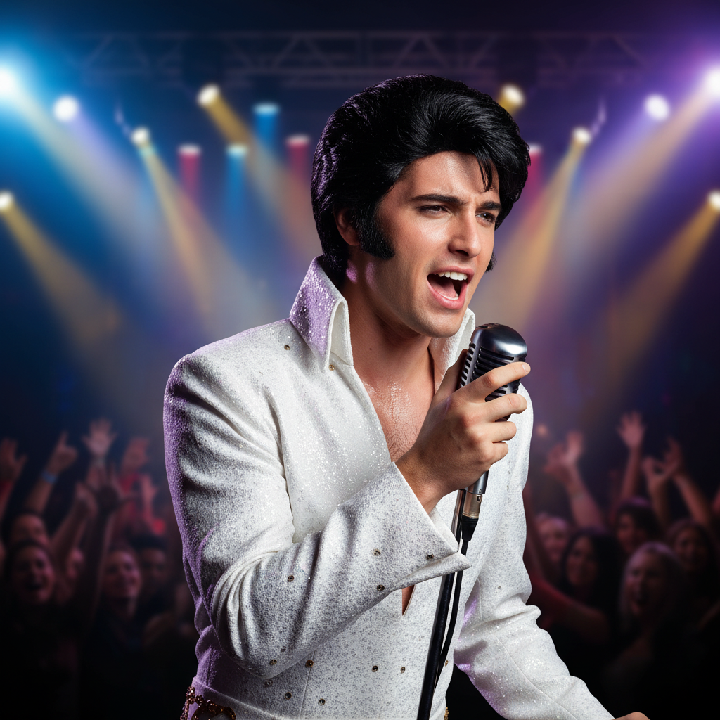 Performer wearing Elvis wig on stage with microphone - demonstrates how wig completes costume for events, karaoke and performances