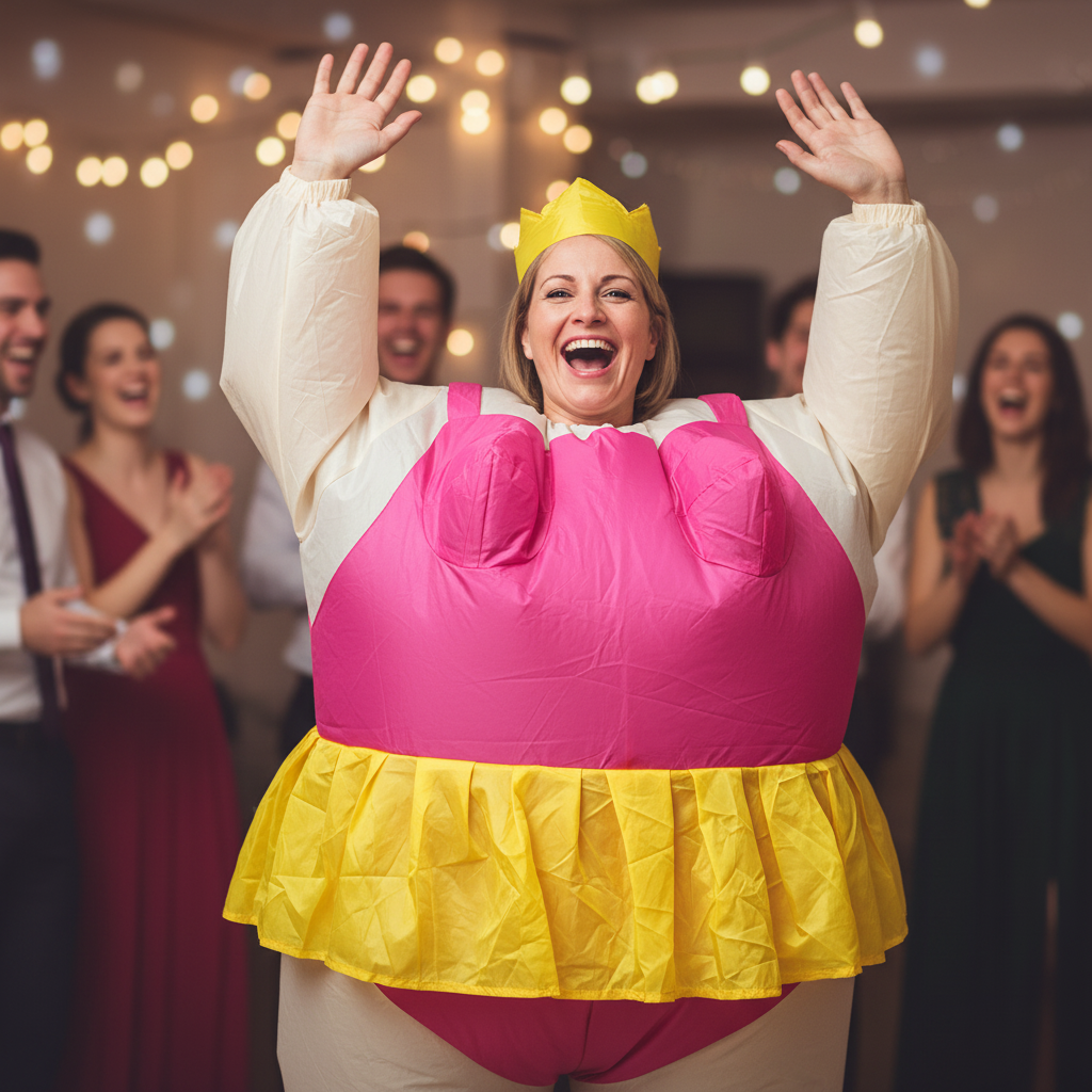 Laughing woman wearing Inflatable Funny Ballerina costume with pink tutu at a fancy dress party