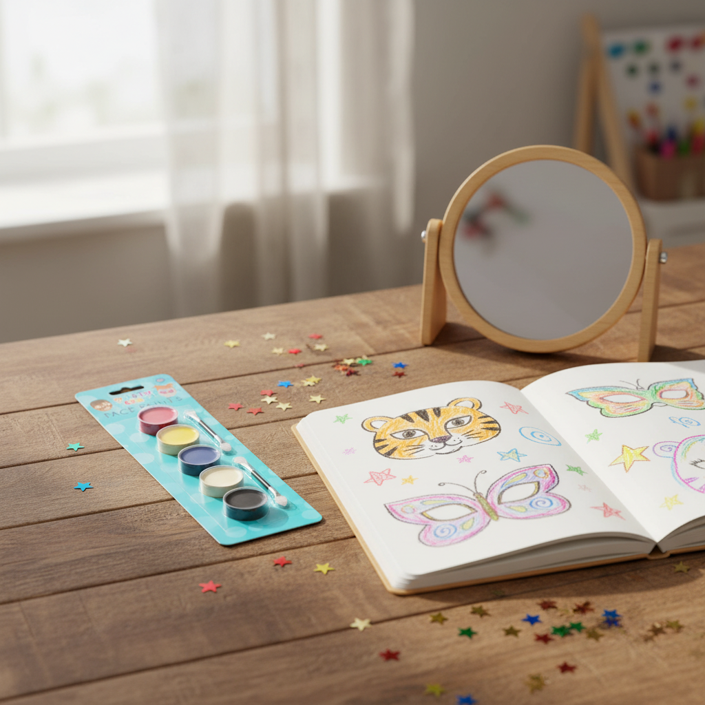 Party Crazy children's face paint set on a wooden craft table with sketchbook and star confetti, soft natural window light