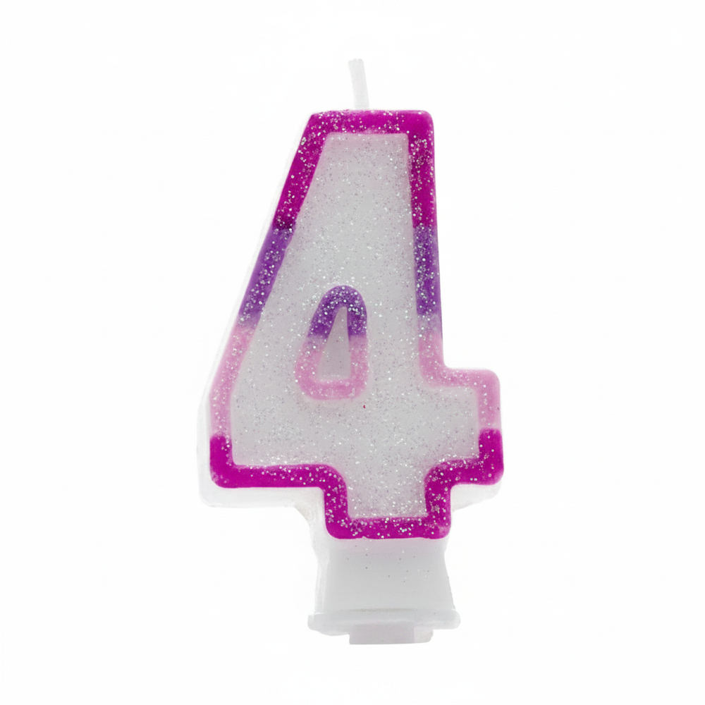 Pink glitter number 4 birthday candle on pure white background, hot pink magenta border with pearlescent iridescent wax body, studio lighting
